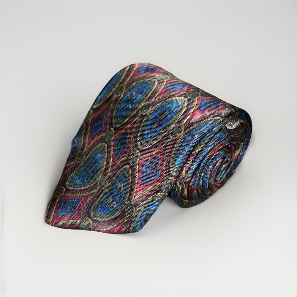 Lands' End Direct Merchants Geometric‎ Colorful Tie 100% Silk Reds/ Blues